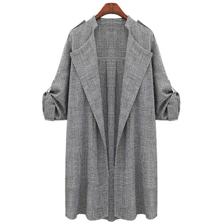 Women Trench Coat Spring Autumn Long Sleeve Plus Size Slim Windbreaker Open Stitch Cardigan Jacket Light Gray