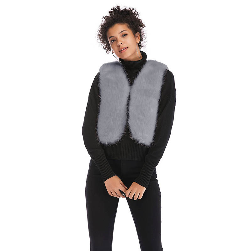 Women Faux Fur Waistcoat V Neck Winter Casual Short Vest Warm Slim Sleeveless Coat Outwear Gray