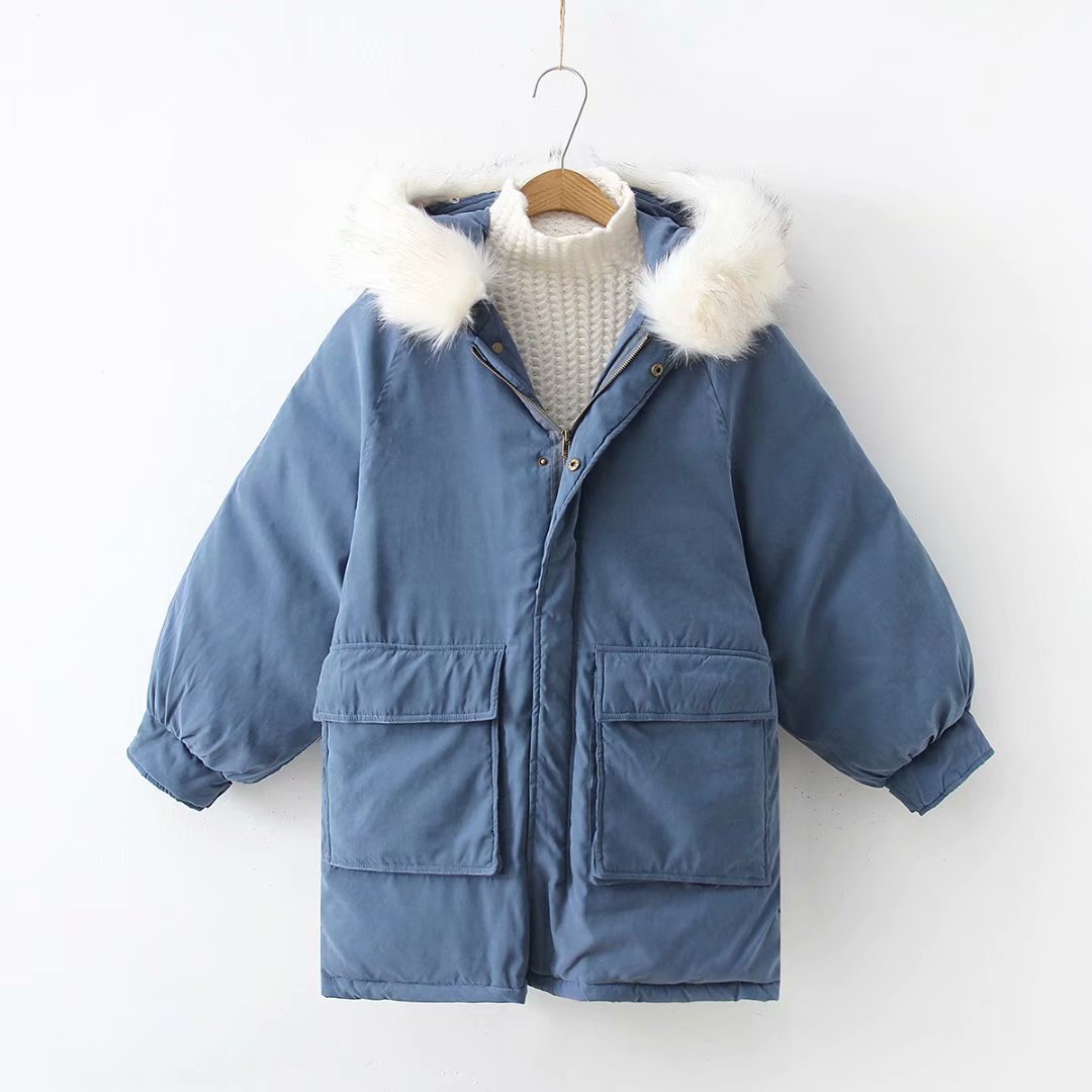 Women Parkas Coat Winter Warm Thick Long Sleeve Pockets Hooded Casual Loose Cotton Down Jacket Jeans Blue