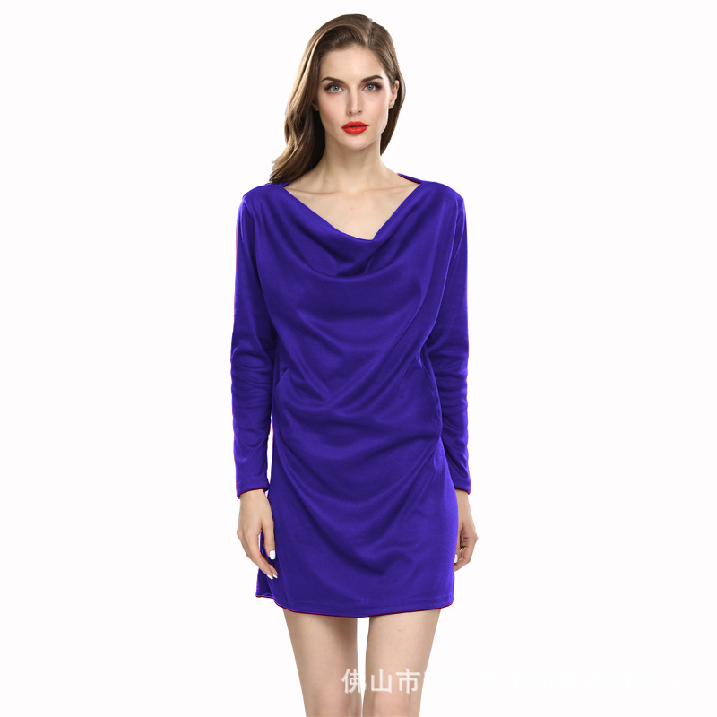 Women Casual Dress Solid Cotton Pocket Loose Long Sleeve Pleated Mini Club Party Dress royal blue