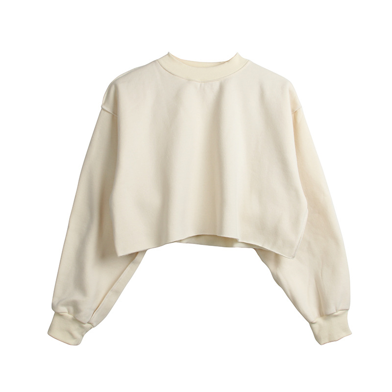 Women Crop Tops Autumn Winter Long Sleeve Pullover Casual Loose Short Fleece Sweatshirt Beige