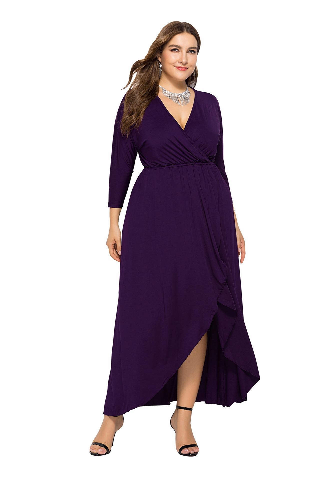 Villain etik Eftermæle Women Asymmetrical Maxi Dress V-neck Long Sleeve Plus Size Slim Long Formal  Evening Party Dress Purp on Luulla