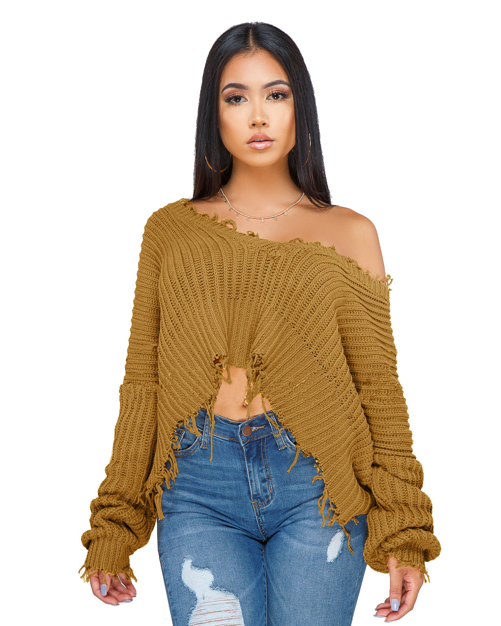 Women Oversize Knitted Sweater Autumn Winter Long Sleeve Ripped V Neck  Casual Loose Pullover Crop To on Luulla