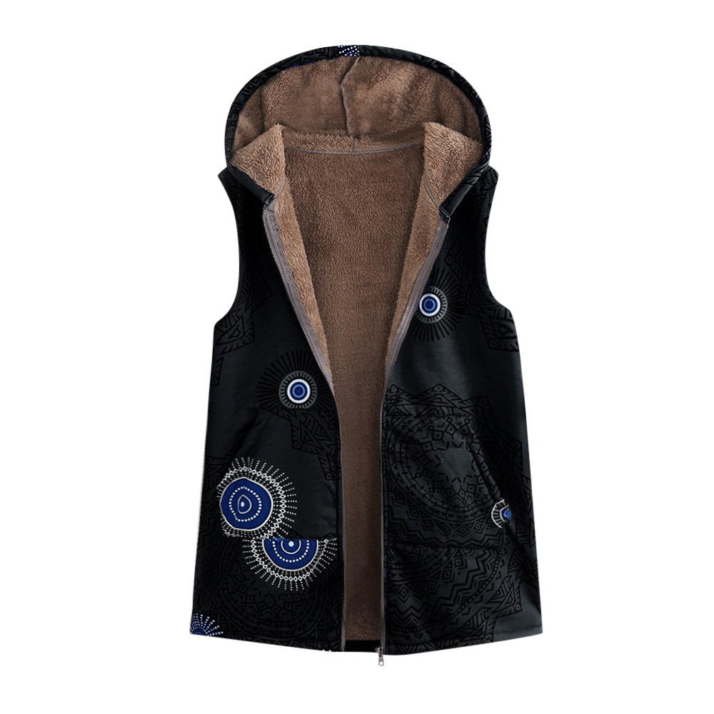Women Floral Printed Waistcoat Winter Warm Hooded Pockets Vest Thicken Casual Plus Size Sleeveless Coat Outwear black