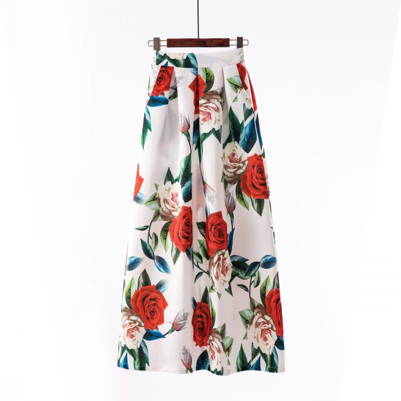  Women Floral Printed Maxi Skirt Vintage High Waist Floor Length Plus Size Pleated A Line Long Skirt 1#