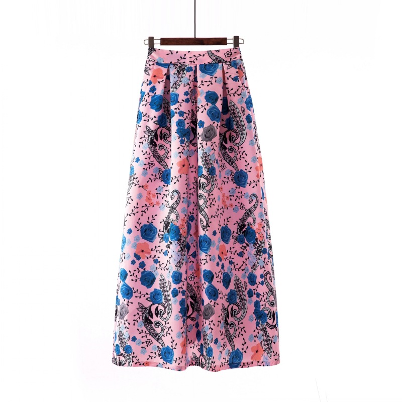  Women Floral Printed Maxi Skirt Vintage High Waist Floor Length Plus Size Pleated A Line Long Skirt 5#