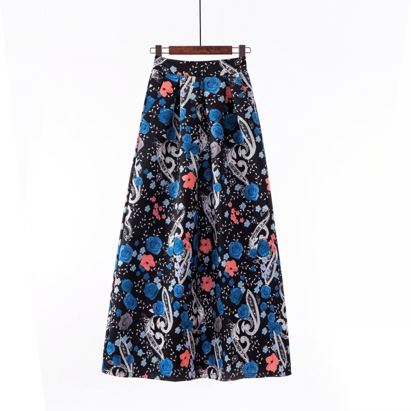  Women Floral Printed Maxi Skirt Vintage High Waist Floor Length Plus Size Pleated A Line Long Skirt 6#