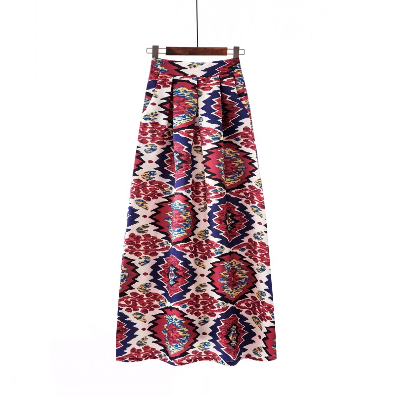  Women Floral Printed Maxi Skirt Vintage High Waist Floor Length Plus Size Pleated A Line Long Skirt 10#
