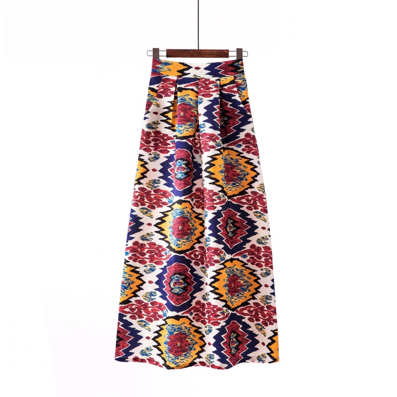 Women Floral Printed Maxi Skirt Vintage High Waist Floor Length Plus Size Pleated A Line Long Skirt 11#