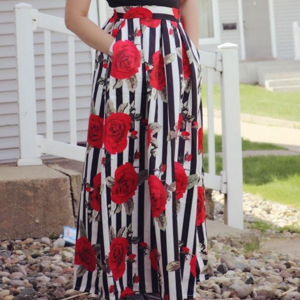 Women Floral Printed Maxi Skirt Vintage High Waist Floor Length Plus Size Pleated A Line Long Skirt 13