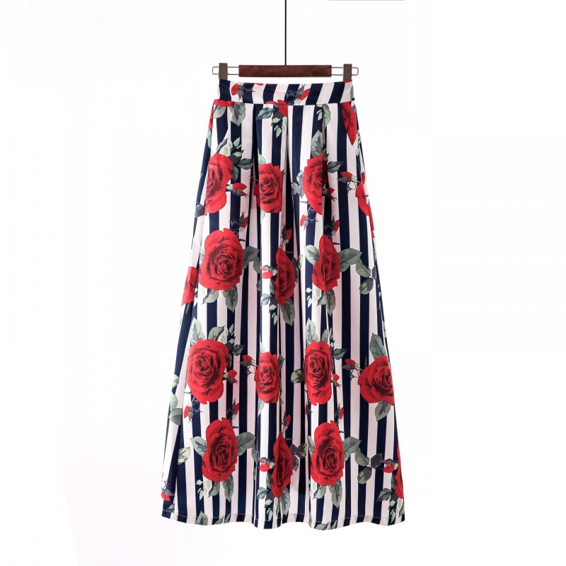  Women Floral Printed Maxi Skirt Vintage High Waist Floor Length Plus Size Pleated A Line Long Skirt 14#