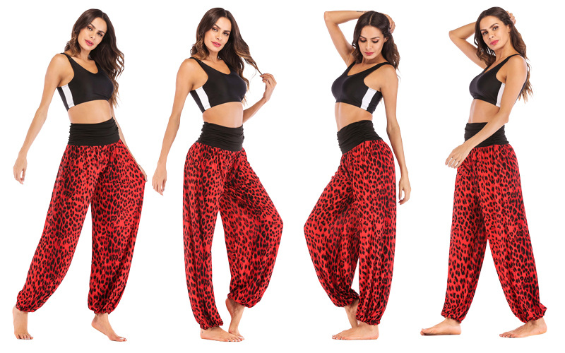 Women Leopard Printed Yoga Pants High Waist Daily Casual Loose Long Wide Leg Sport Workout Trousers red