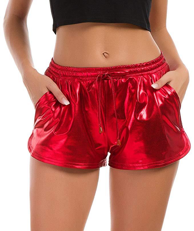  Women Metallic Shorts Shiny Drawstring High Waist Night Club Dancing Causal Shorts red