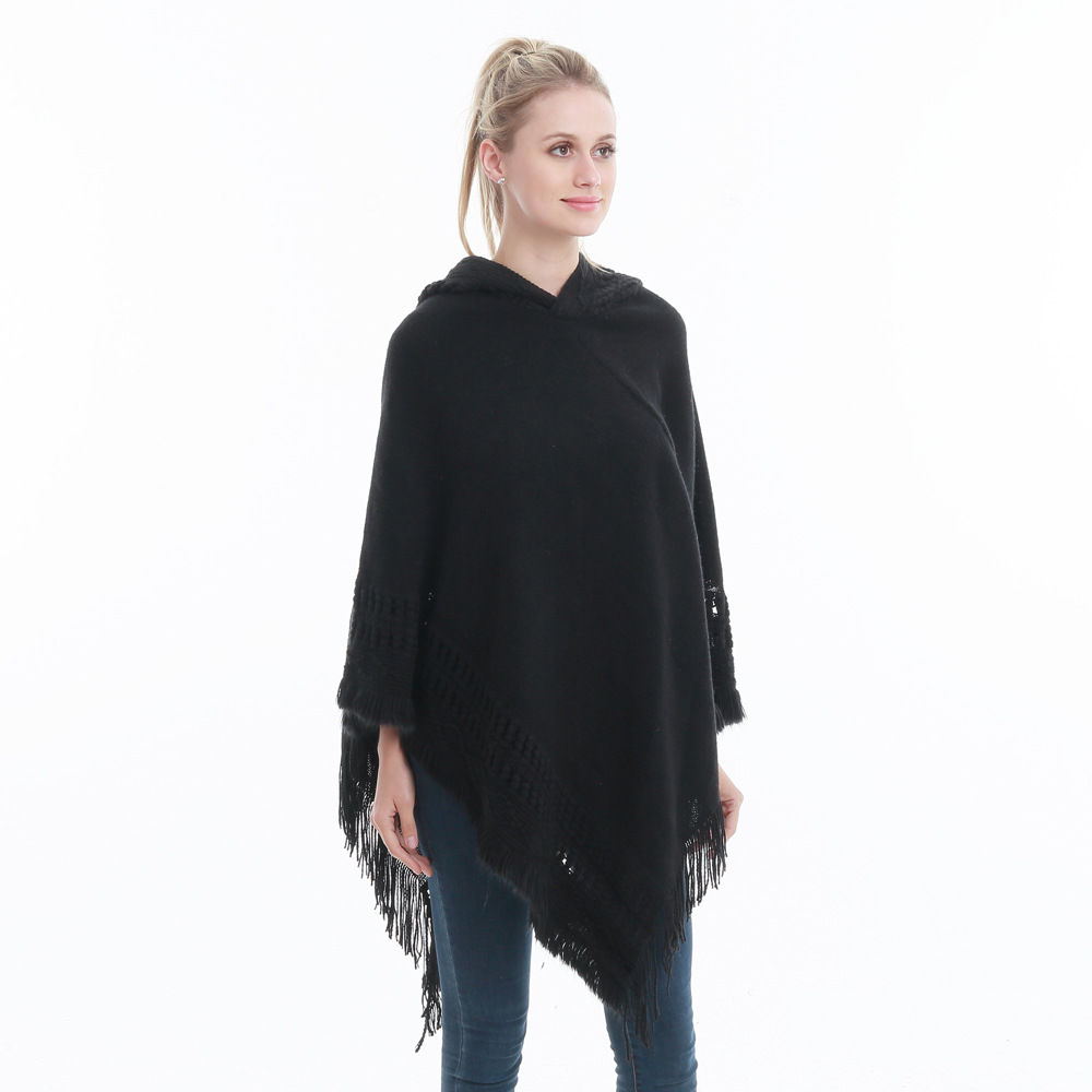 Women Tassel Cape Coat Autumn Winter Knitted Hollow Out Hooded Fringe Poncho Asymmetrical Tops Black