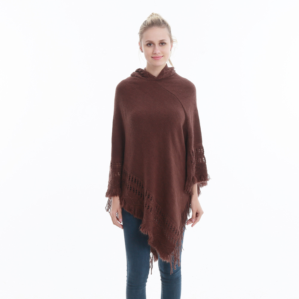  Women Tassel Cape Coat Autumn Winter Knitted Hollow out Hooded Fringe Poncho Asymmetrical Tops coffee