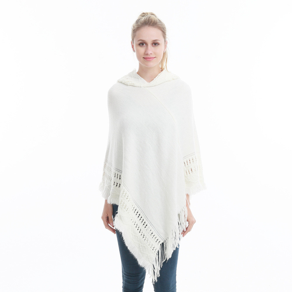 Women Tassel Cape Coat Autumn Winter Knitted Hollow Out Hooded Fringe Poncho Asymmetrical Tops Off White