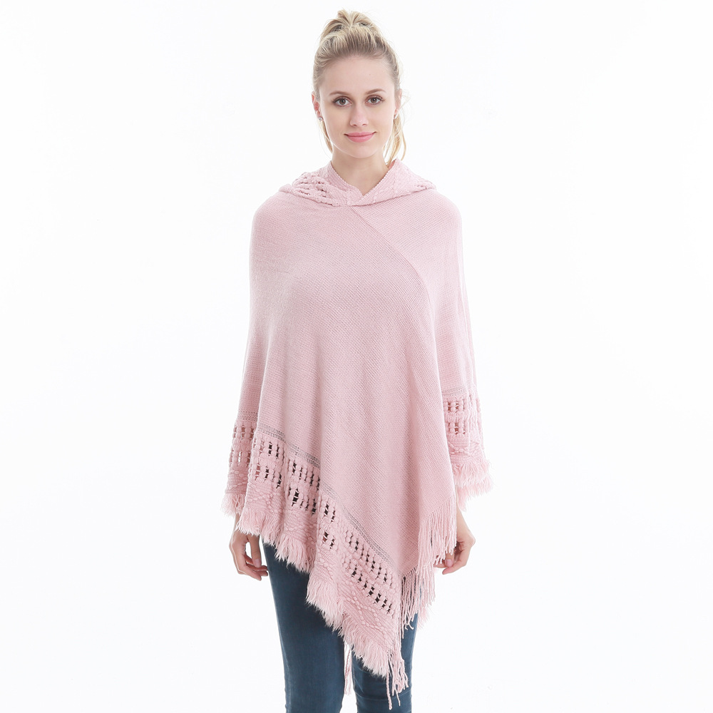  Women Tassel Cape Coat Autumn Winter Knitted Hollow out Hooded Fringe Poncho Asymmetrical Tops pink