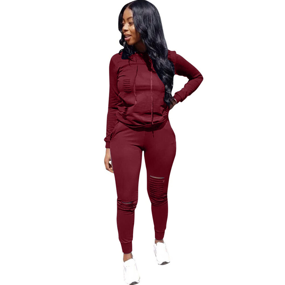 Women Tracksuit Autumn Long Sleeve Hoodies+pants Two Pieces Sets Sportswear Suit Wine Red