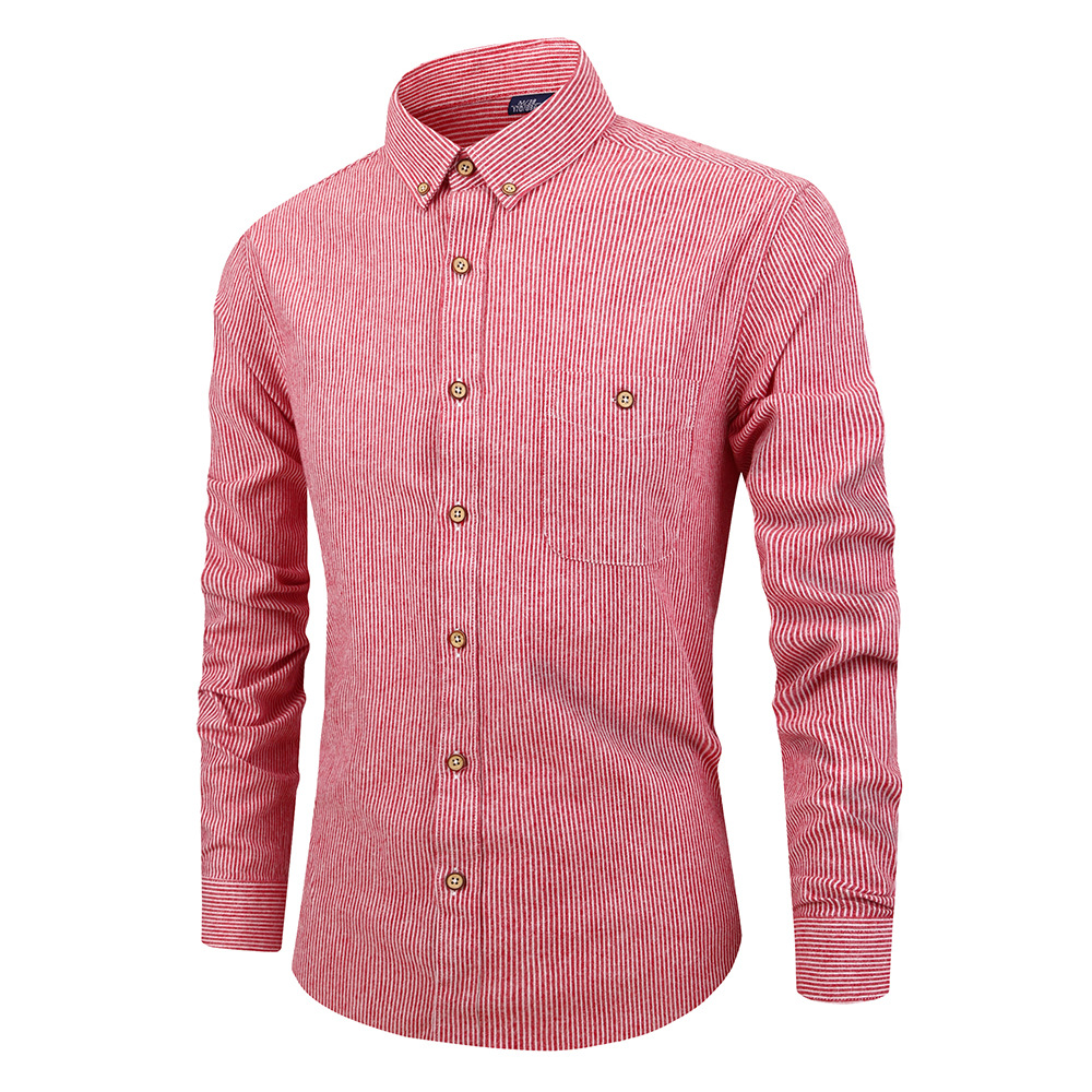  Men Striped Shirt Fashion Long Sleeve Turn-down Collar Button Casual Slim Fit Business Shirt watermelon red