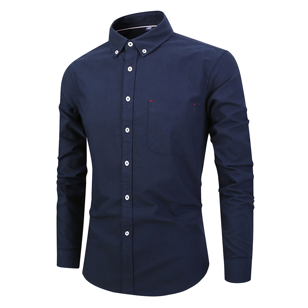 Men Shirt Fashion Long Sleeve Turn-down Collar Button Solid Cotton Casual Slim Fit Business Shirt navy blue