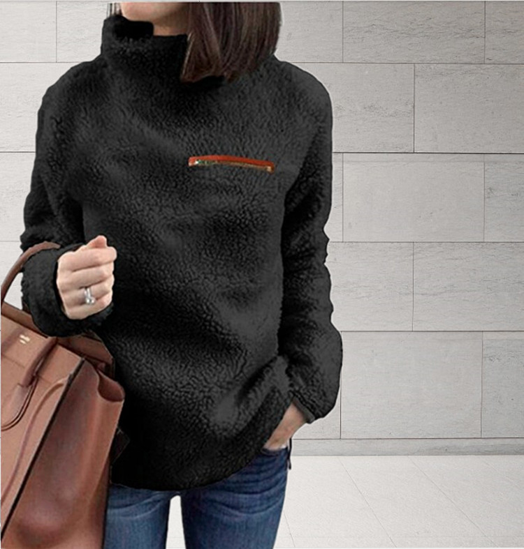 Women Fleece Tops Autumn Winter Warm Turtleneck Zipper Long Sleeve Casual Pullover black