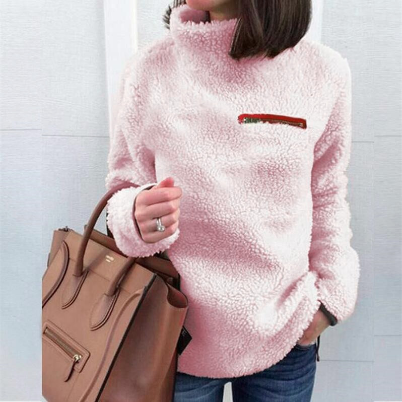 Women Fleece Tops Autumn Winter Warm Turtleneck Zipper Long Sleeve Casual Pullover pink