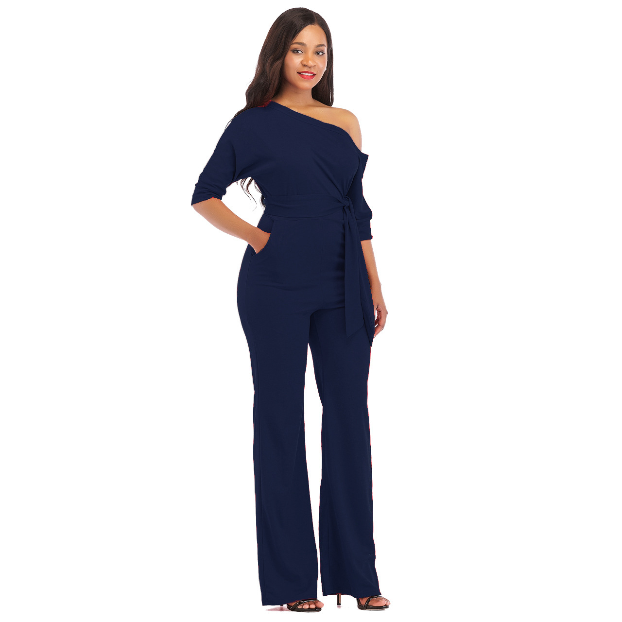 navy off the shoulder jumpsuit