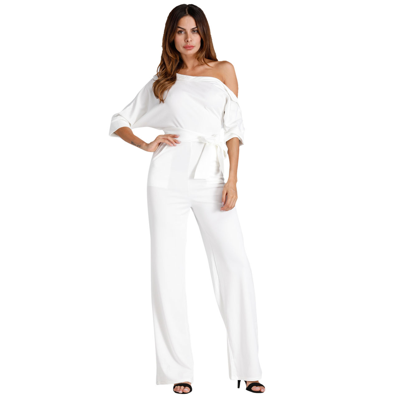 Women Jumpsuit Off the Shoulder Half Sleeve Plus Size Belted Wide Leg Rompers Overalls off white