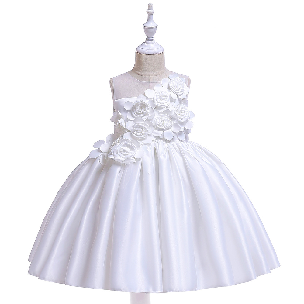 Satin Flower Girl Dress Sleeveless Wedding Formal Birthday Princess Party Tutu Gowns Children Kids Clothes Off White