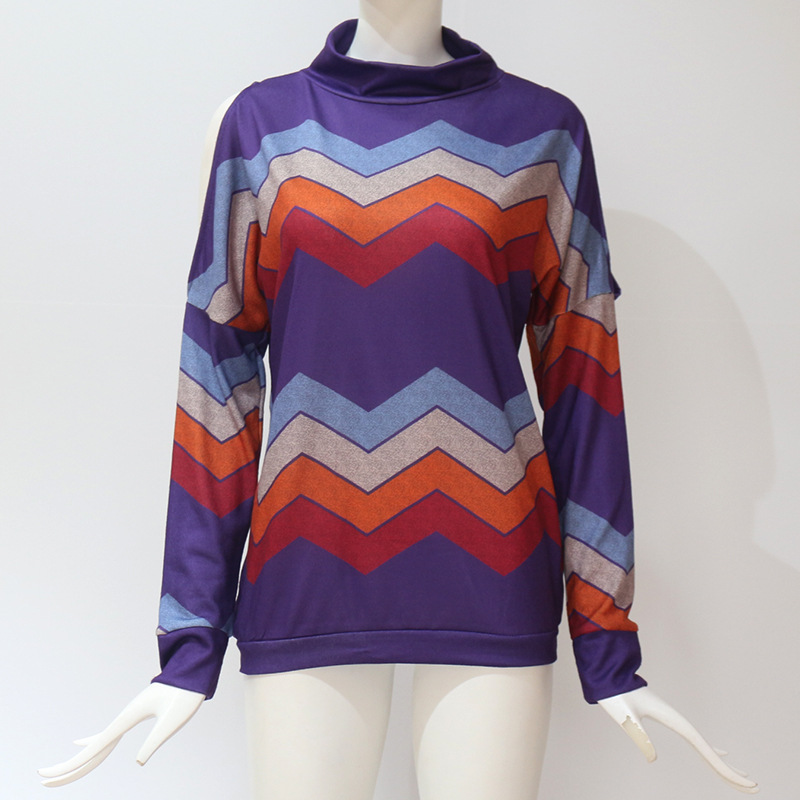 Women Knitted Sweater Off Shoulder Long Sleeve Casual Loose Turtleneck Geometric Printed Pullover Tops Purple