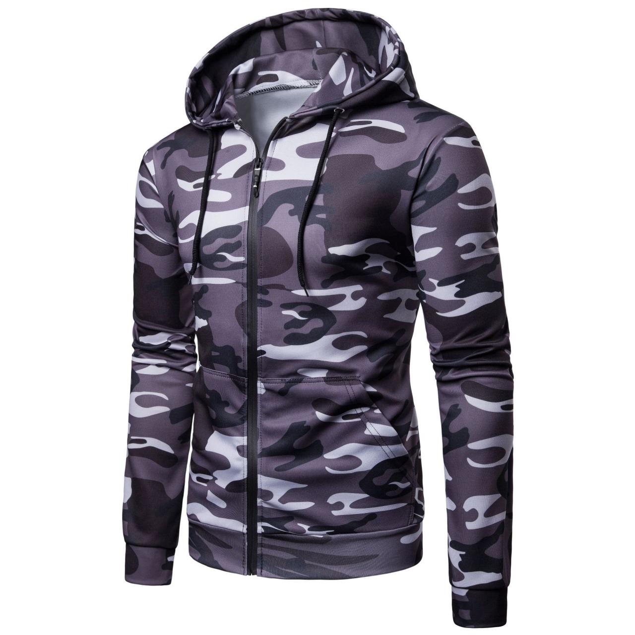 Men Camouflage Coat Spring Autumn Thin Slim Long Sleeve Zipper Hooded Jacket Windbreaker Outwear dark gray