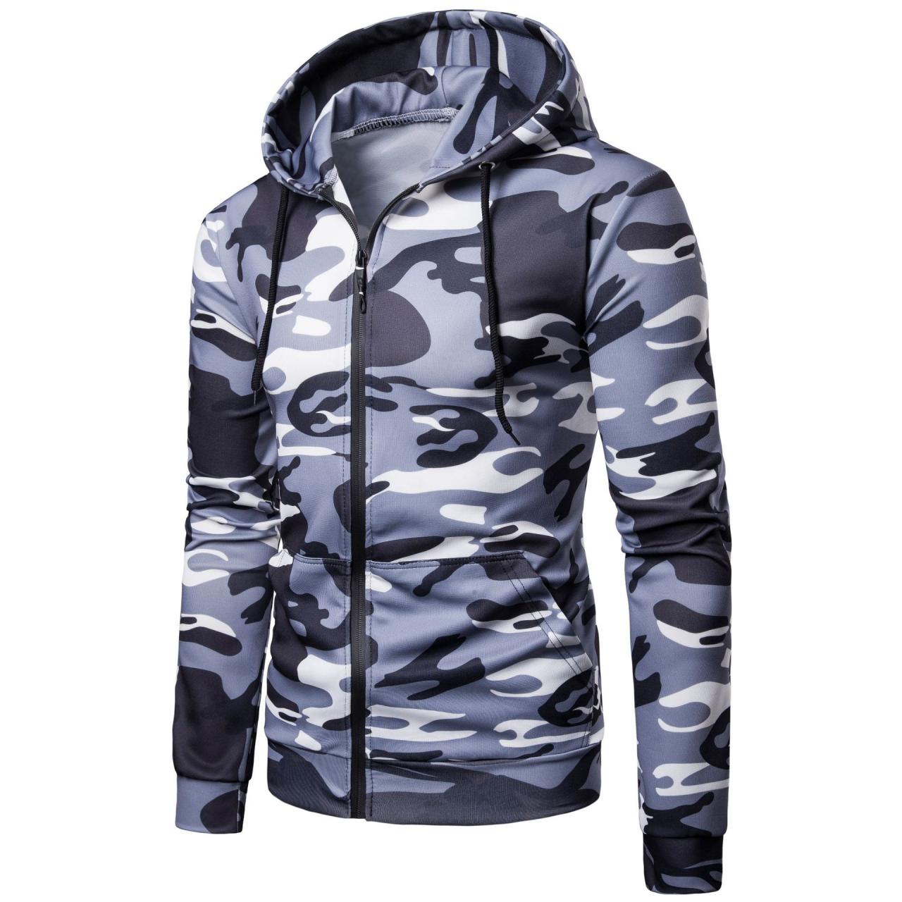  Men Camouflage Coat Spring Autumn Thin Slim Long Sleeve Zipper Hooded Jacket Windbreaker Outwea gray