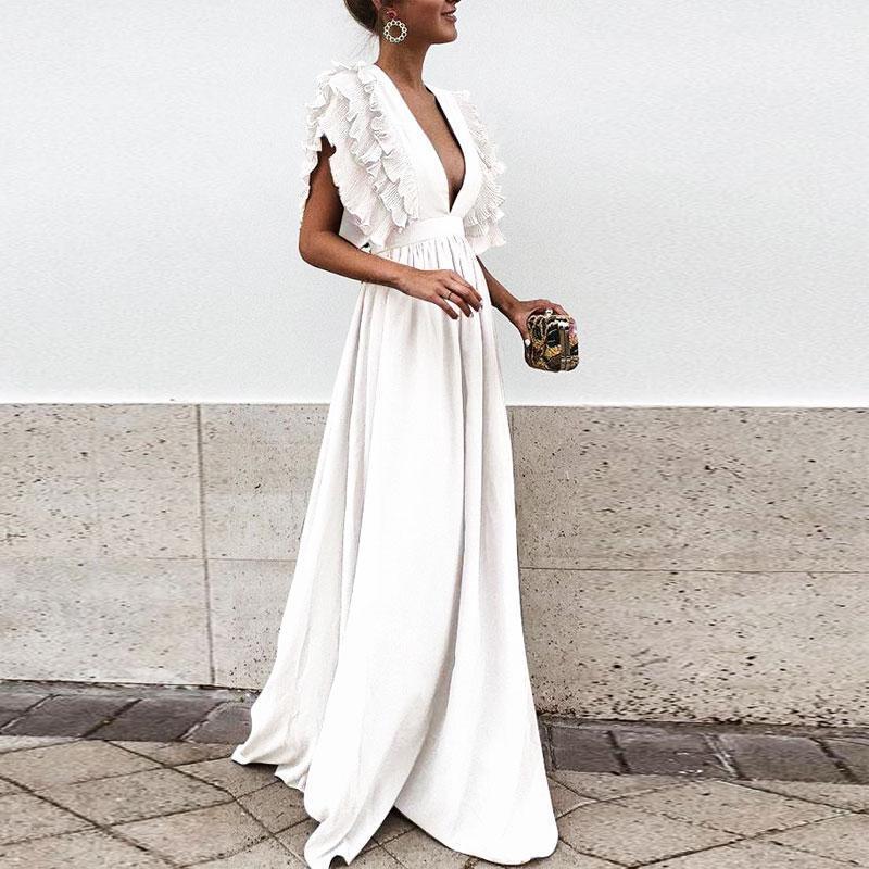 Women Maxi Dress Sexy V Neck Floor-length Ruffles Short Sleeve Backless Long Party Dress Off White
