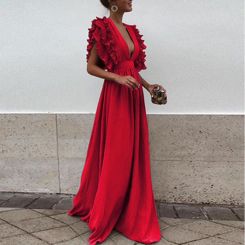 Women Maxi Dress Sexy V Neck Floor-Length Ruffles Short Sleeve Backless Long Party Dress red
