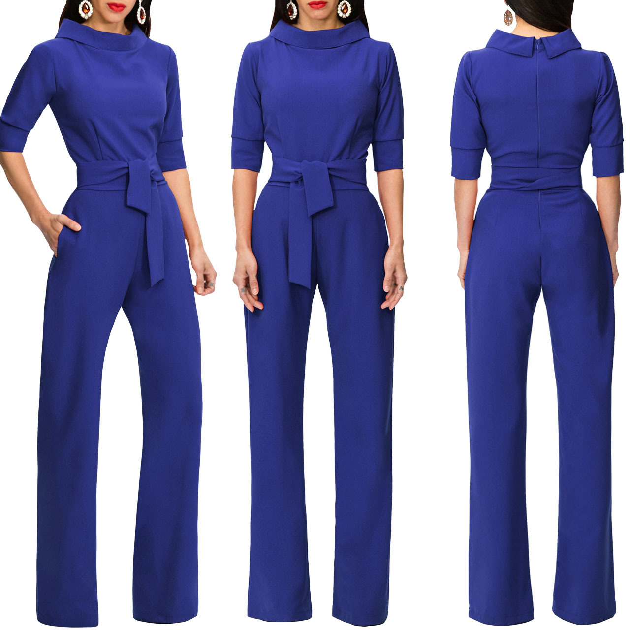 Women Jumpsuit Half Sleeve Stand Collar Belted Casual Wide Leg Pants ...