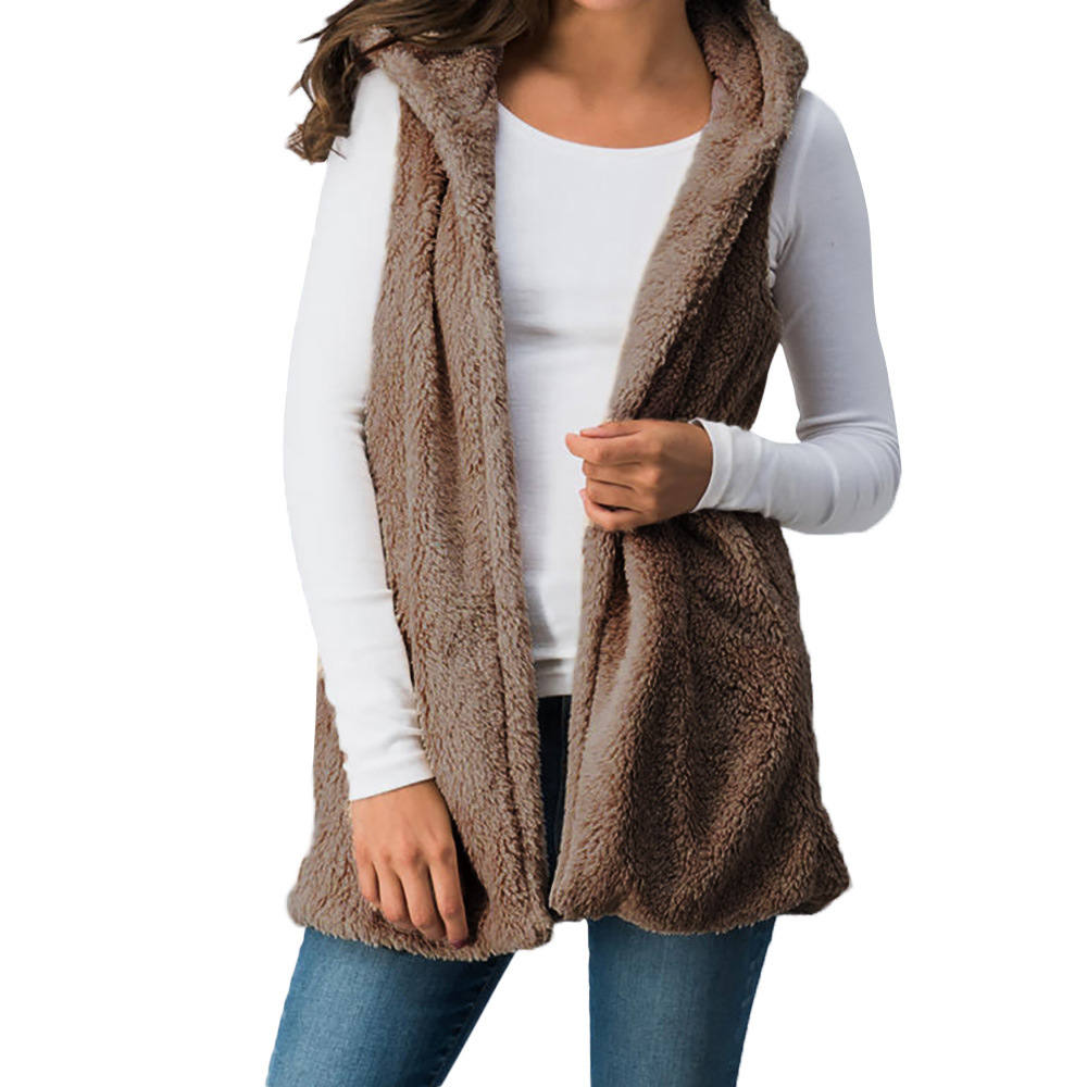 Women Fleece Waistcoat Winter Warm Open Stitch Hooded Vest Casual Sleeveless Coat Outerwear brown