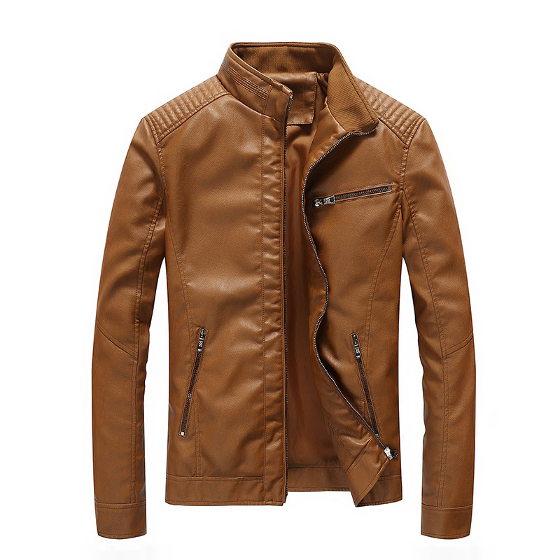 Men Faux PU Leather Jacket Fashion Casual Long Sleeve Streetwear Slim Motorcycle Coat Outwear khaki