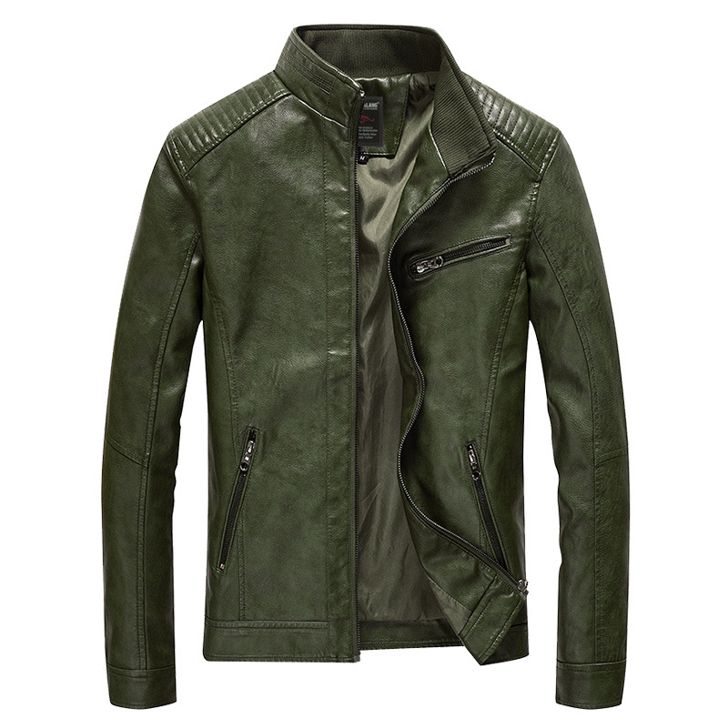 Men Faux PU Leather Jacket Fashion Casual Long Sleeve Streetwear Slim Motorcycle Coat Outwear army green