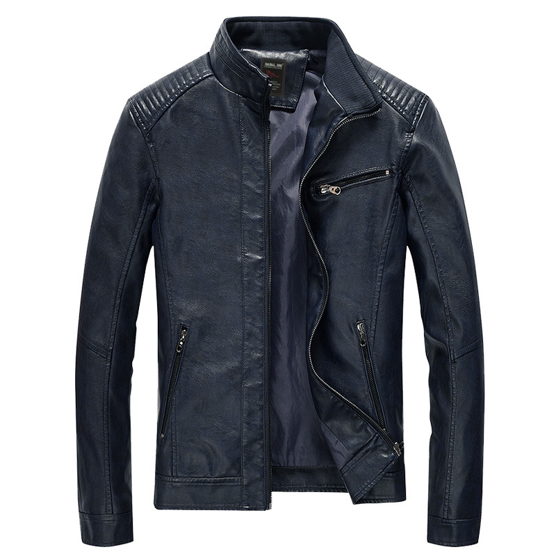Men Faux Pu Leather Jacket Fashion Casual Long Sleeve Streetwear Slim Motorcycle Coat Outwear Navy Blue