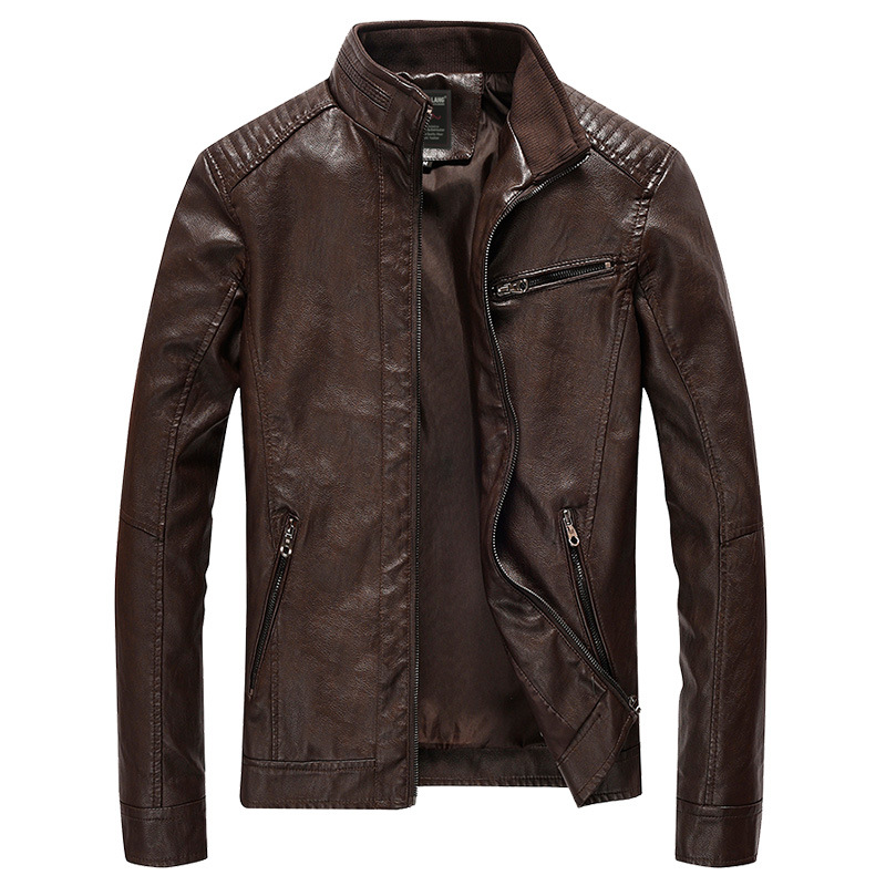 Men Faux PU Leather Jacket Fashion Casual Long Sleeve Streetwear Slim Motorcycle Coat Outwear coffee