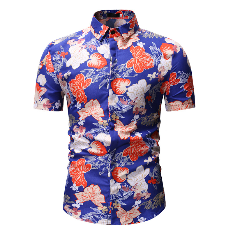 Men Floral Printed Shirt Summer Beach Short Sleeve Hawaiian Holiday Vacation Casual Slim Fit Shirt 15#