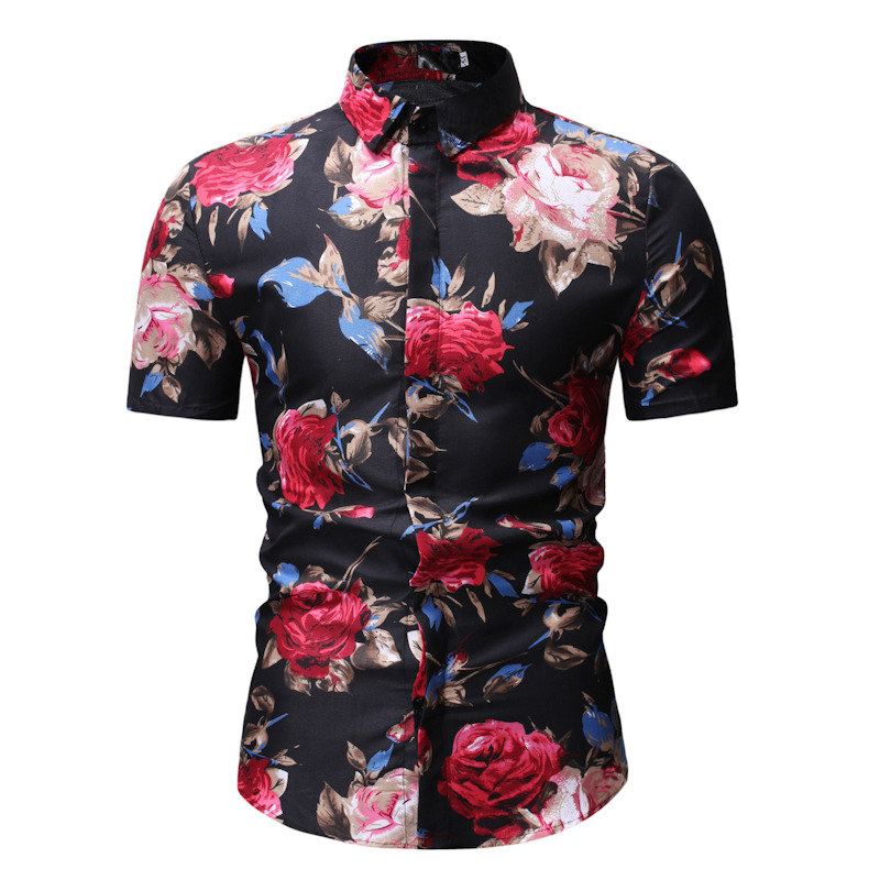 Men Floral Printed Shirt Summer Beach Short Sleeve Hawaiian Holiday Vacation Casual Slim Fit Shirt 21#