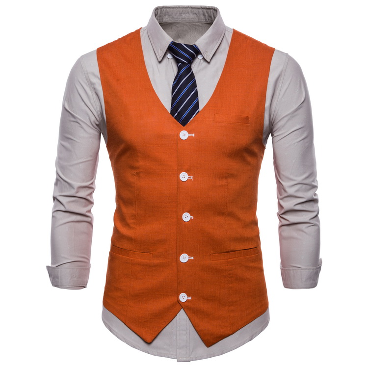 Men Suit Waistcoat V Neck Vest Jacket Single Breasted Casual Slim Fit Sleeveless Coat orange