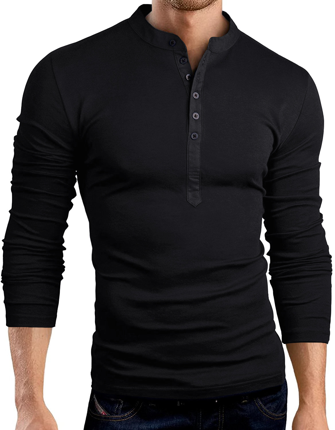 Men Long Sleeve T Shirt Spring Autumn V Neck Button Slim Fit Casual Tops black