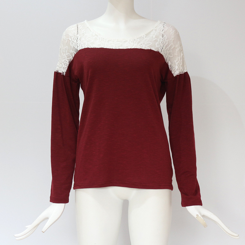 Women Long Sleeve T Shirt Spring Autumn Lace Patchwork Casual Pullover Tops wine red