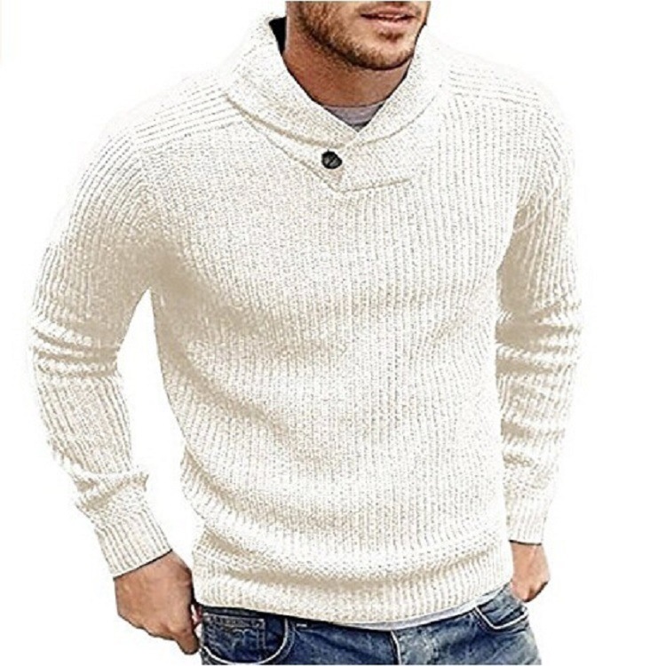 Men Knitted Sweater Autumn Winter Slim Warm Long Sleeve Casual Pullover Tops Off White
