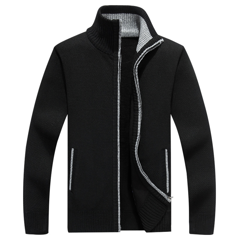 Men Sweater Coat Autumn Winter Warm Thick Zipper Casual Fleece Knitted Cardigan Jacket black