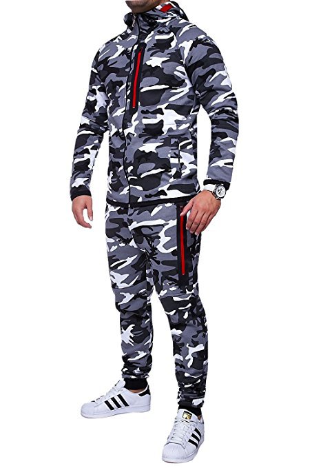 Men Camouflage Printed Tracksuit Hooded Coat+Trousers Causal Sportswear Two Pieces Set gray