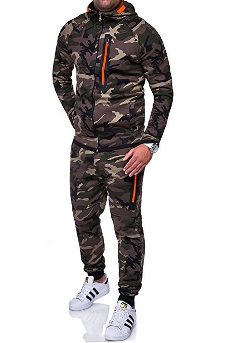 Men Camouflage Printed Tracksuit Hooded Coat+Trousers Causal Sportswear Two Pieces Set green