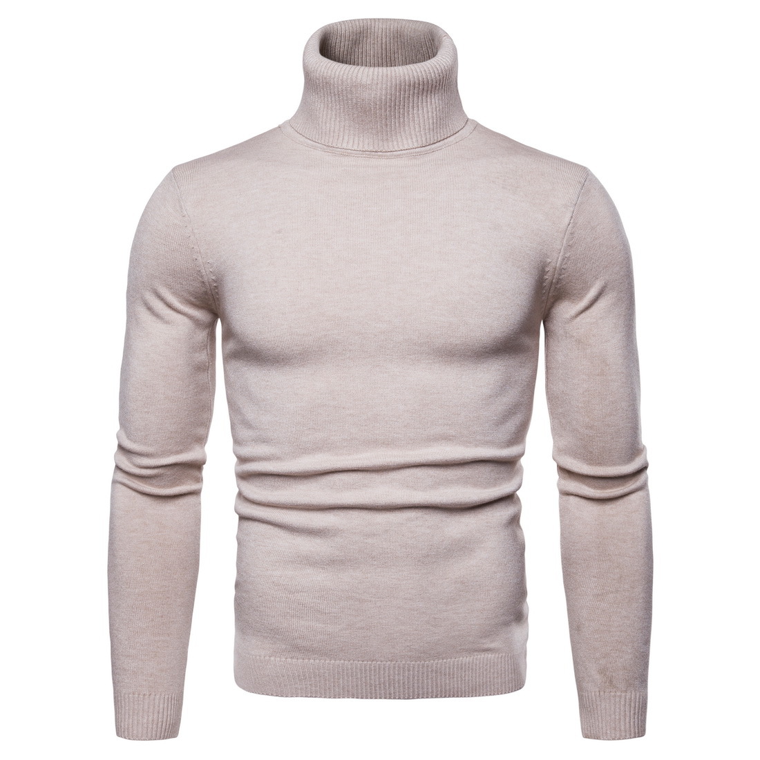 Men Knitted Sweater Autumn Winter Turtleneck Long Sleeve Casual Slim Pullover Tops Beige